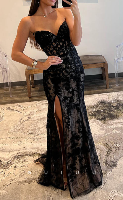 G2782 - Sexy Fitted Strapless Lace Applique Black Long Prom Evening Dress