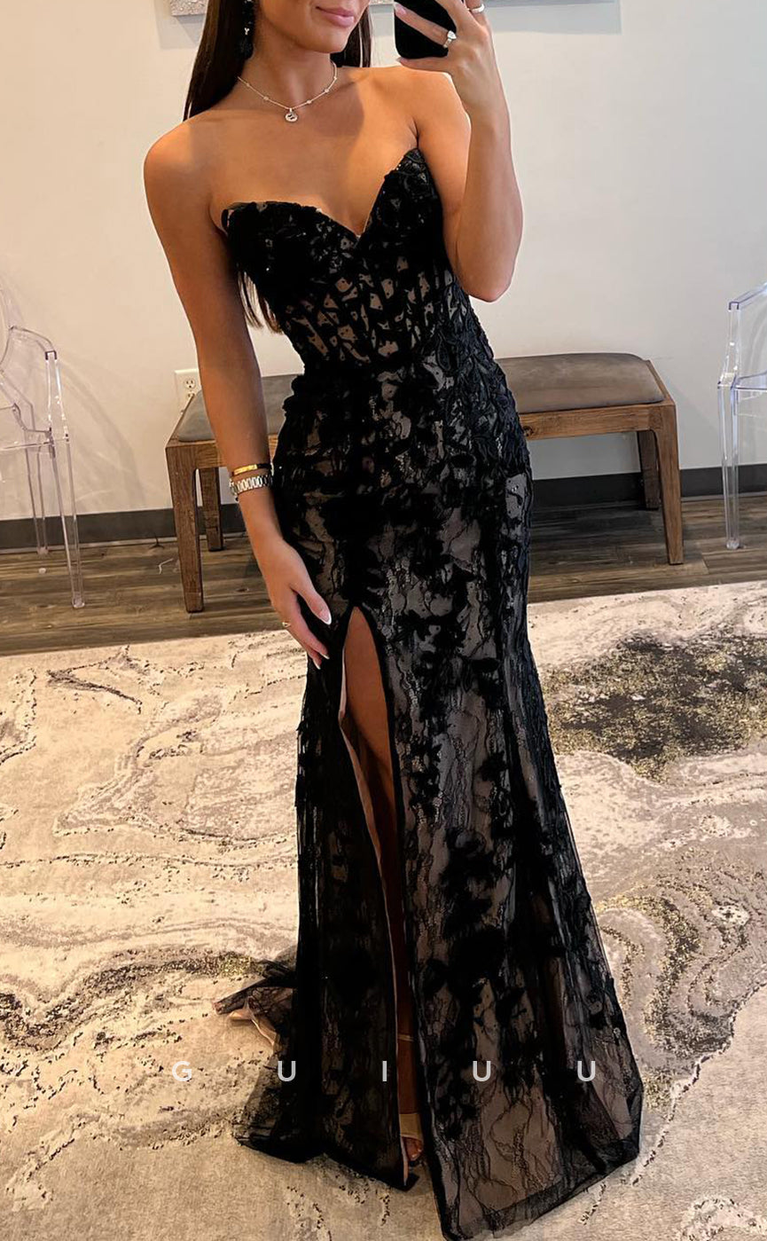 G2782 - Sexy Fitted Strapless Lace Applique Black Long Prom Evening Dress