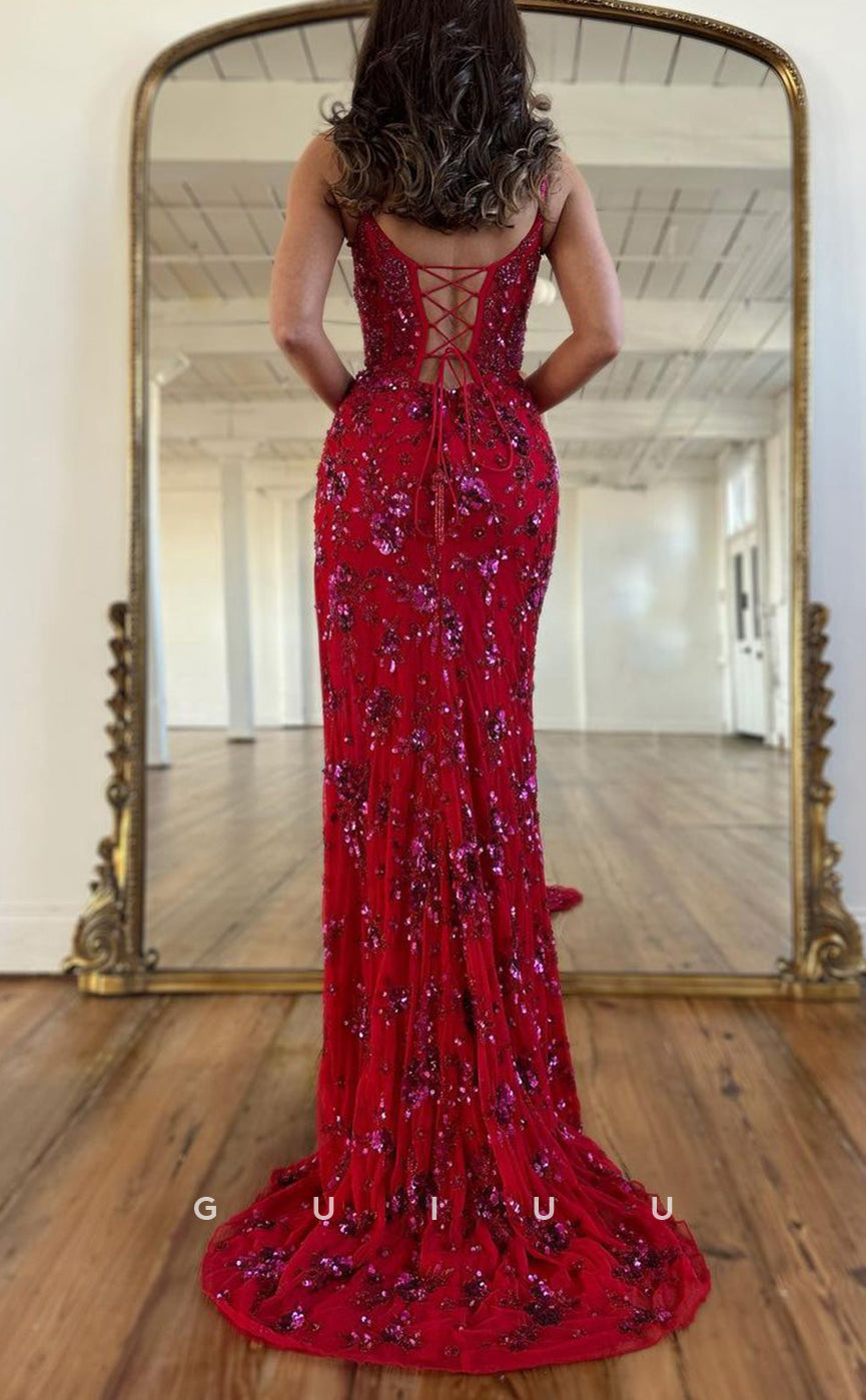 G2783 - Sexy & Fitted V-Neck Straps Sequins Applique Red Long Prom Evening Dress