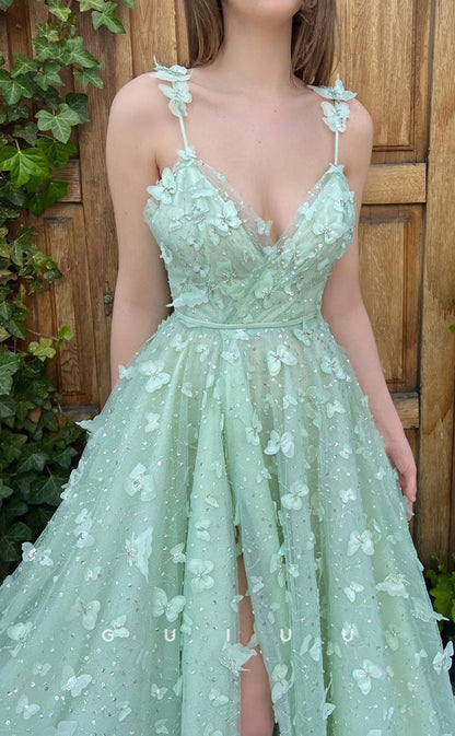 G2787 - Elegant A-Line V-Neck Sheer Floral Embossed Tulle Long Prom Evening Dress