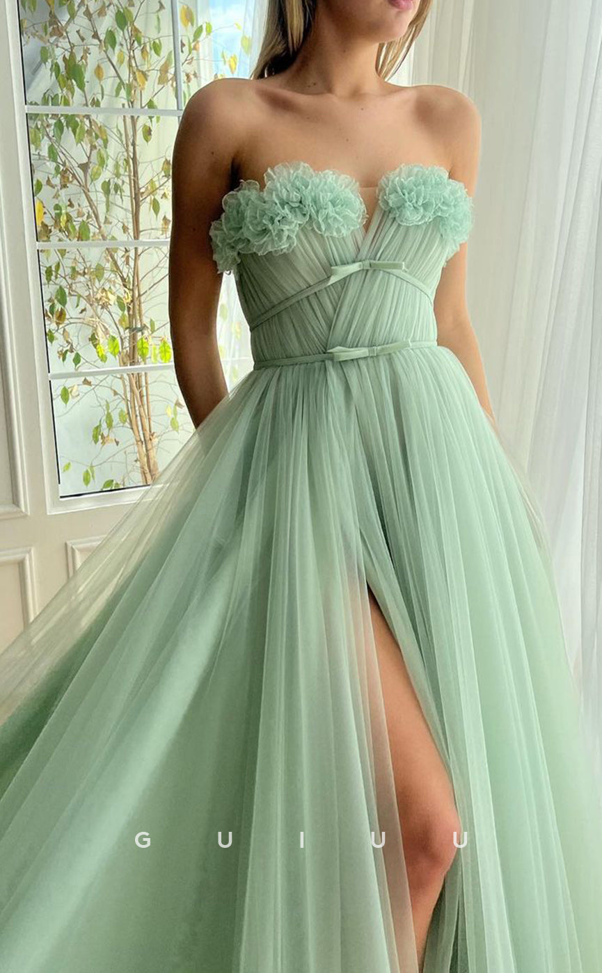 G2788 - Chic & Modern A-Line Strapless Tulle Floral Embossed Long Prom Evening Dress