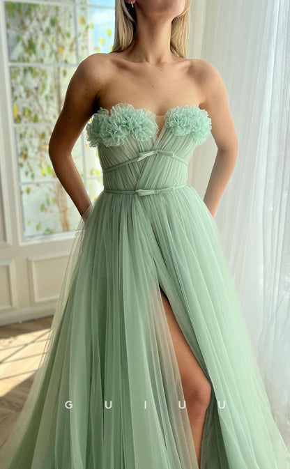 G2788 - Chic & Modern A-Line Strapless Tulle Floral Embossed Long Prom Evening Dress