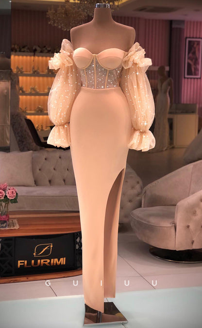 G2794 - Chic & Modern Sparkle Off-Shoulder Puffy Sleeves Long Prom Evening Dress