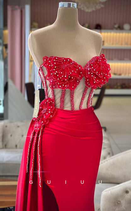 G2800 - Sexy & Fitted Strapless Illusion Floral Embossed Red Prom Evening Dress