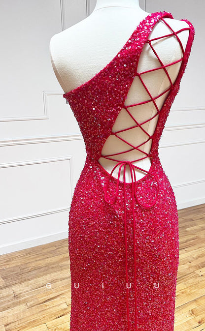 G2814 - One Shoulder Sequins Red Lace Up Prom Evening Dress With Slit