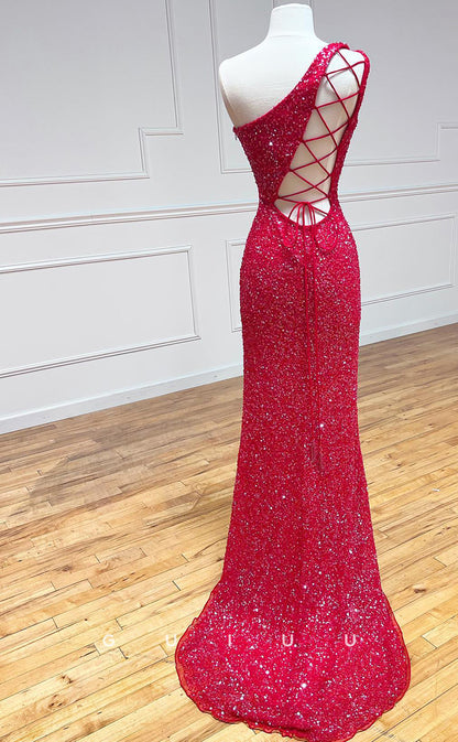 G2814 - One Shoulder Sequins Red Lace Up Prom Evening Dress With Slit