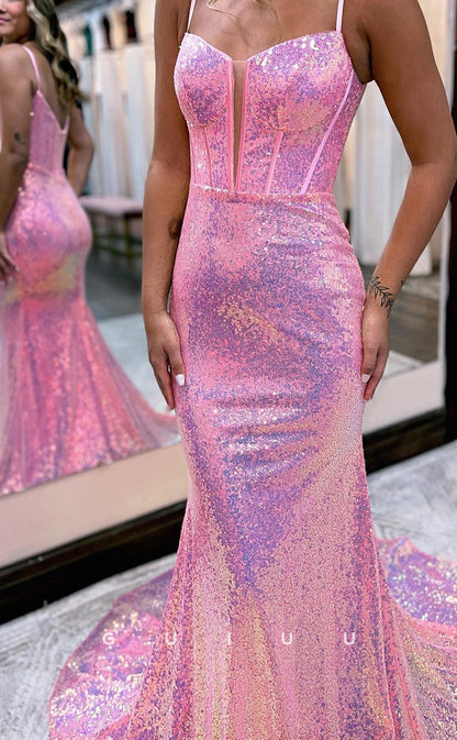 G2815 - Mermaid Sheath V-Neck Straps Sparkle Long Prom Evening Dress