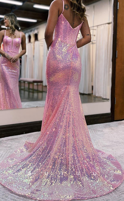 G2815 - Mermaid Sheath V-Neck Straps Sparkle Long Prom Evening Dress