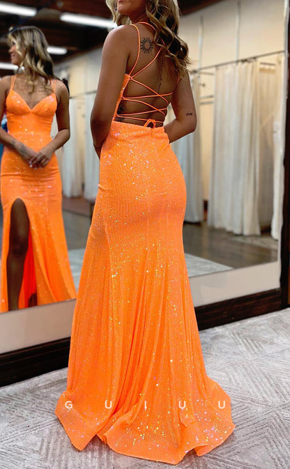 G2821 - Sheath Fitted Glitter V-Neck Spaghetti Straps Orange Prom Evening Dress