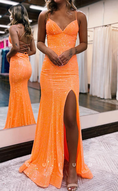 G2821 - Sheath Fitted Glitter V-Neck Spaghetti Straps Orange Prom Evening Dress