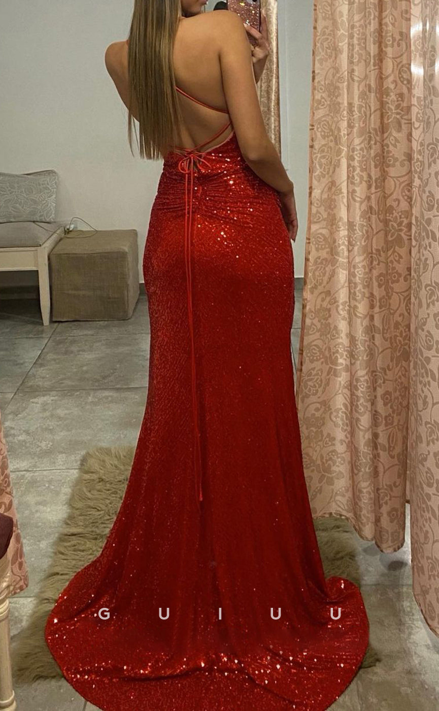 G2822 - Sexy & Fitted Glitter V-Neck Spaghetti Straps Red Prom Evening Dress