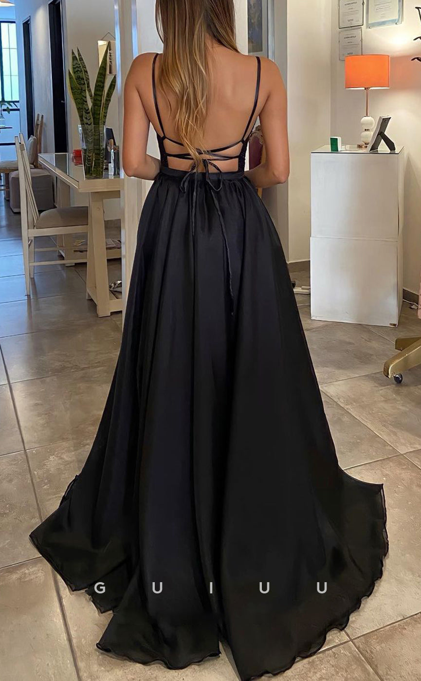 G2825 - A-Line Glitter V-Neck Two Piece Tulle Black Long Prom Evening Dress