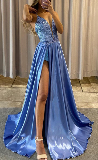 G2828 - A-Line Glitter V-Neck Spaghetti Straps Two Piece Satin Prom Evening Dress