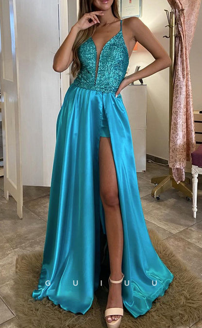 G2828 - A-Line Glitter V-Neck Spaghetti Straps Two Piece Satin Prom Evening Dress