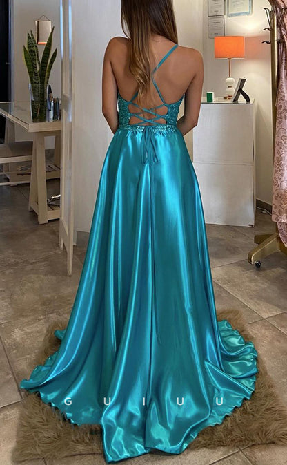 G2828 - A-Line Glitter V-Neck Spaghetti Straps Two Piece Satin Prom Evening Dress