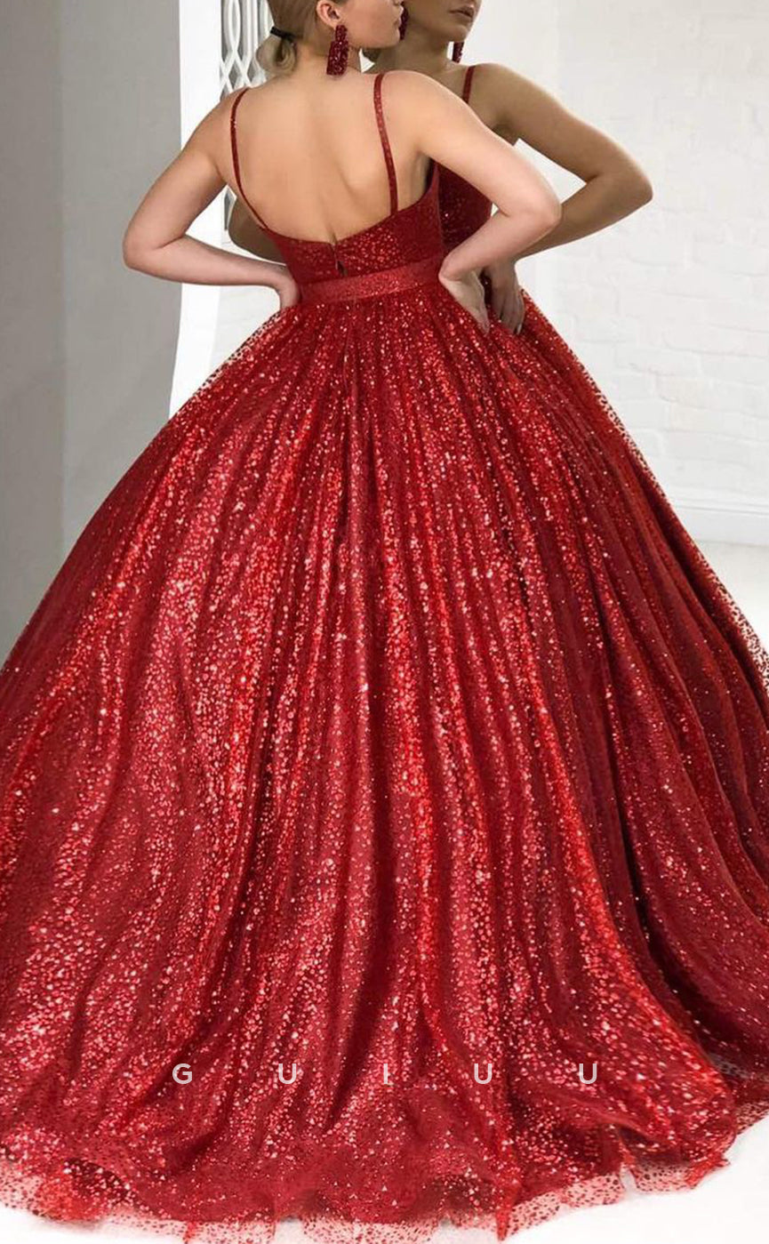 G2830 - Elegant A-Line Sparkle Straps Ball Gown Tulle Red Prom Evening Dress