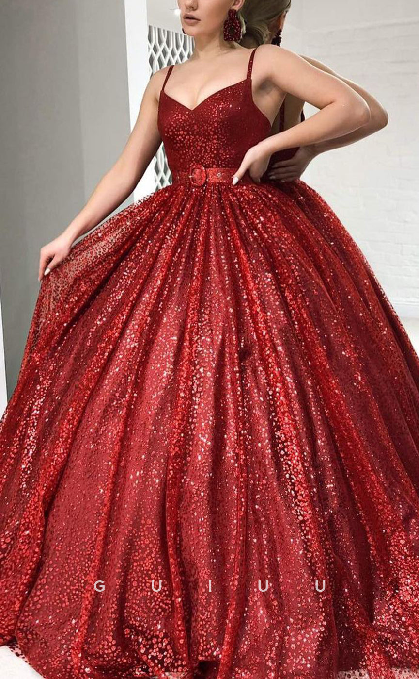 G2830 - Elegant A-Line Sparkle Straps Ball Gown Tulle Red Prom Evening Dress