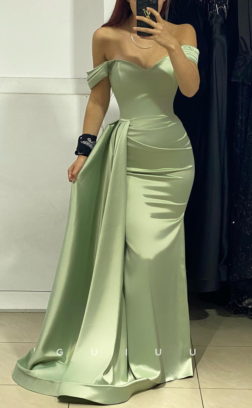 G2836 - Chic & Modern Off-Shoulder Satin Ruched Long Prom Evening Dress