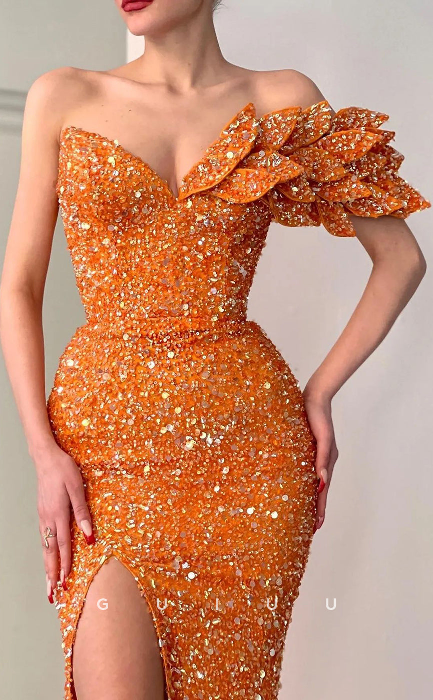 G2841 - Sheath Sparkle One Shoulder Sequins Beaded Orange Prom Evening Dress