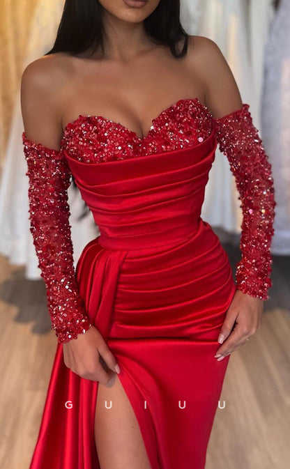 G2847 - Chic & Modern Sequins Sweetheart Off-Shoulder Red Prom Evening Dress