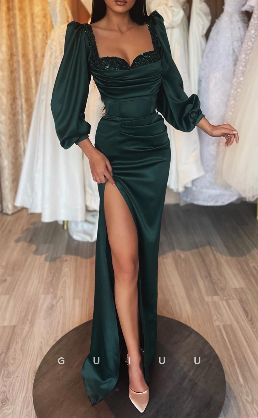 G2849 - Chic & Modern Sequins Square Ruched Satin Long Sleeves Prom Evening Dress