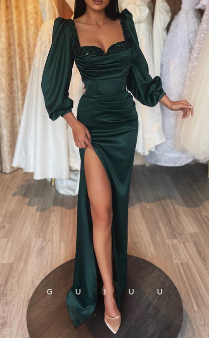 G2849 - Chic & Modern Sequins Square Ruched Satin Long Sleeves Prom Evening Dress