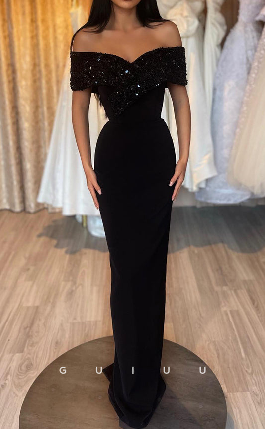 G2850 - Elegant Sheath Sequins Off-Shoulder Long Balck Prom Evening Dress