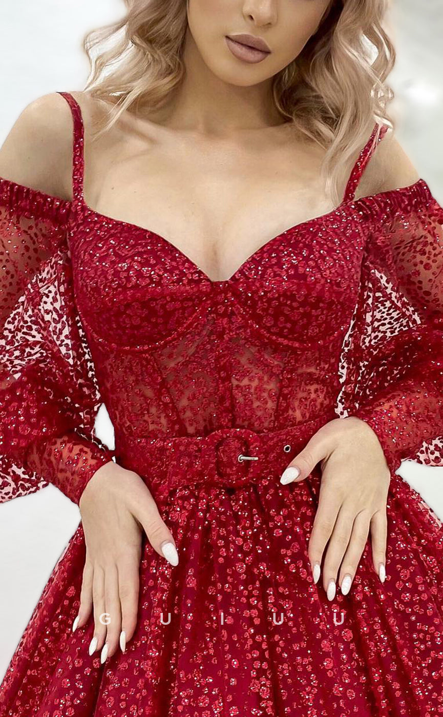 G2853 - Classic & Timeless Glitter Off-Shoulder Straps Long Sleeves Red Prom Dress