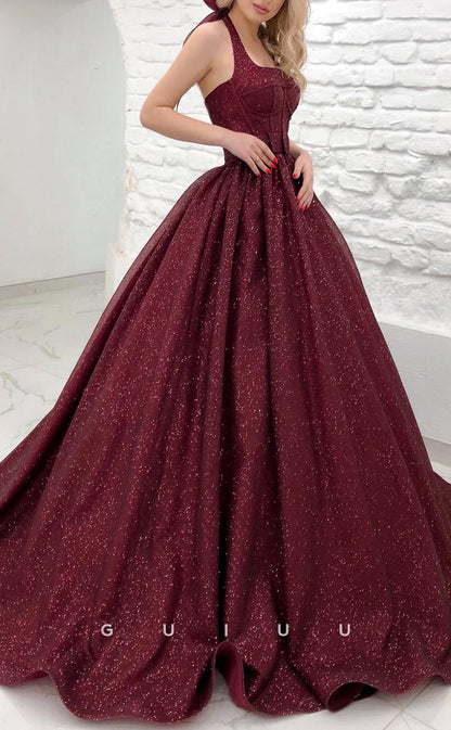 G2854 - Classic & Timeless Glitter A-Line Halter Burgundy Long Prom Evening Dress