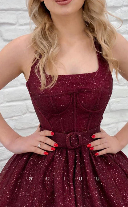 G2854 - Classic & Timeless Glitter A-Line Halter Burgundy Long Prom Evening Dress