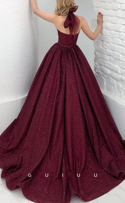 G2854 - Classic & Timeless Glitter A-Line Halter Burgundy Long Prom Evening Dress