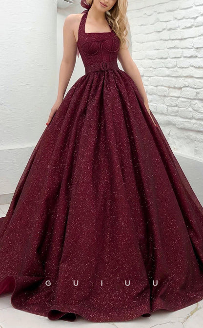 G2854 - Classic & Timeless Glitter A-Line Halter Burgundy Long Prom Evening Dress