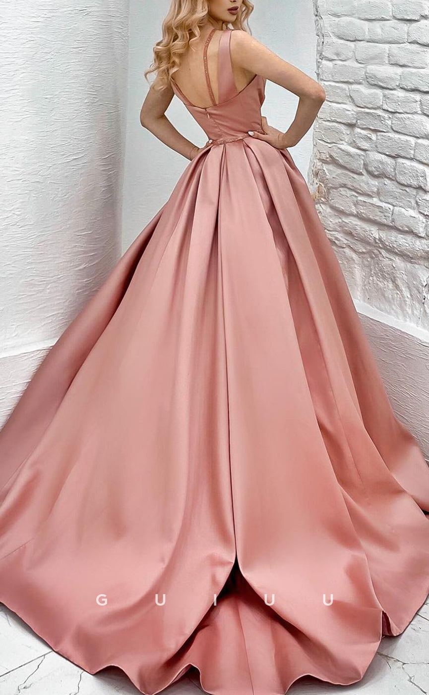 G2855 - Classic & Timeless A-Line V-Neck Satin Pink Long Prom Evening Dress