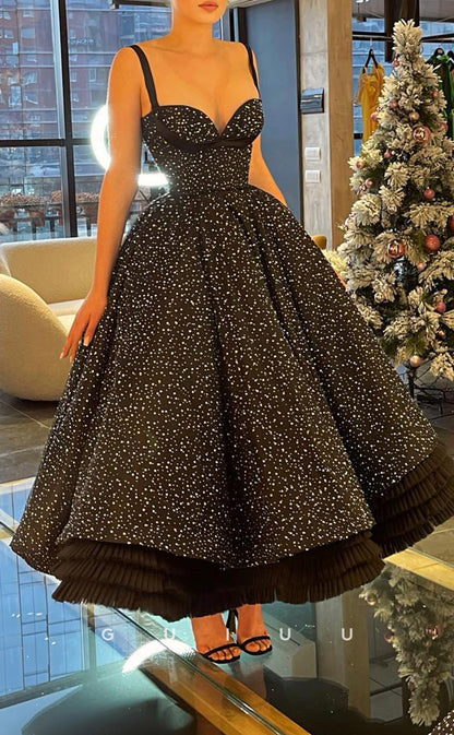 G2856 - A-Line Sweetheart Straps Glitter Polka Dot Tulle Long Prom Evening Dress