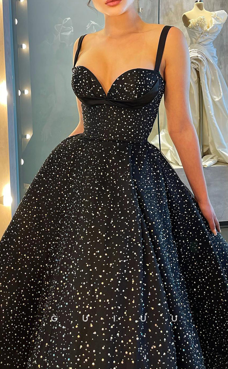 G2856 - A-Line Sweetheart Straps Glitter Polka Dot Tulle Long Prom Evening Dress