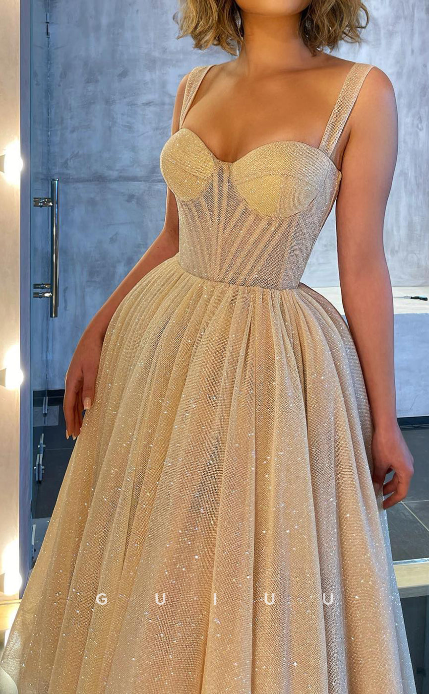 G2860 - A-Line Sparkle Sweetheart Straps Sheer Champagne Prom Evening Dress