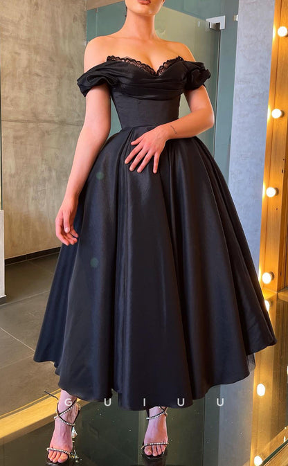 G2863 - Classic & Timeless A-Line Lace Off-Shoulder Satin Black Prom Evening Dress