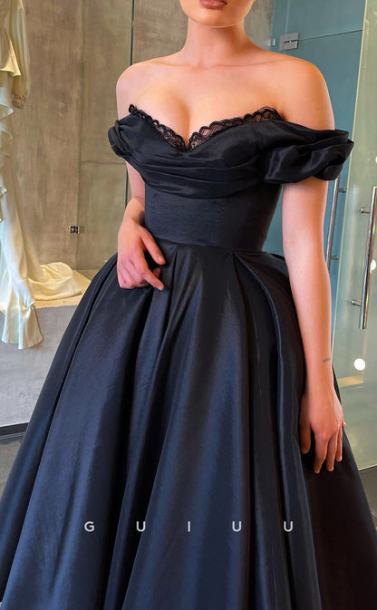 G2863 - Classic & Timeless A-Line Lace Off-Shoulder Satin Black Prom Evening Dress