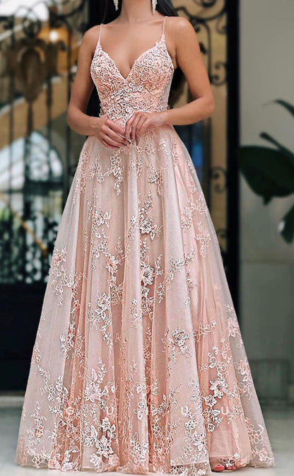 G2864 - Elegant & Luxurious V-Neck Straps Applique Tulle Pink Long Prom Evening Dress