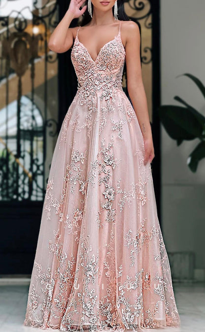 G2864 - Elegant & Luxurious V-Neck Straps Applique Tulle Pink Long Prom Evening Dress