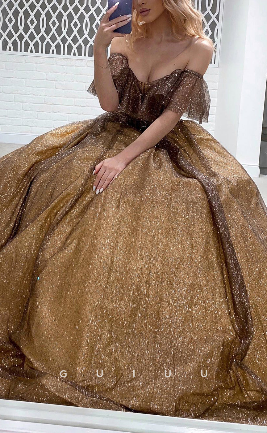 G2865 - Elegant & Luxurious Glitter A-Line Off-Shoulder Ball Gown Gold Prom Dress