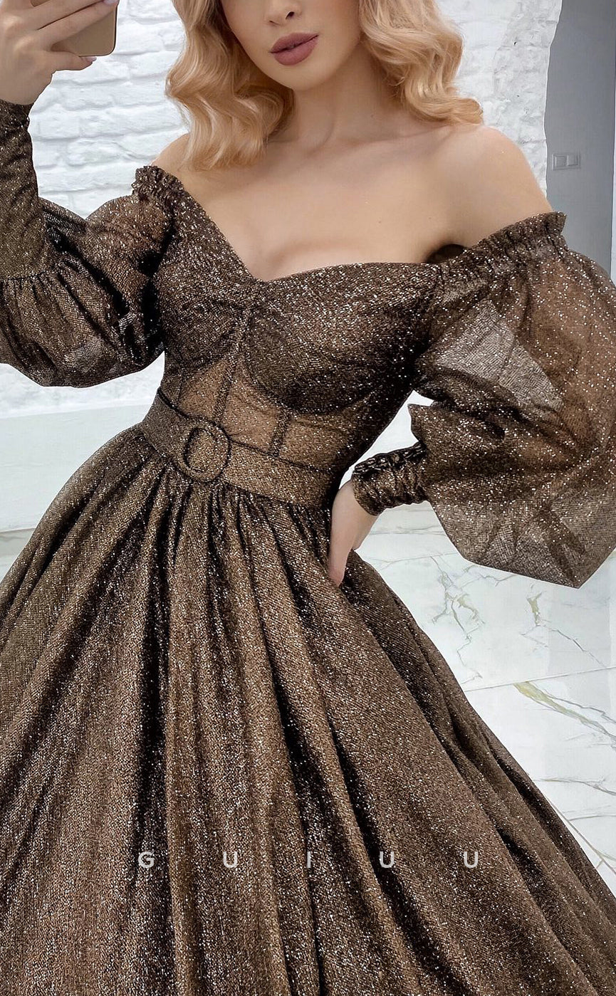 G2866 - Elegant & Luxurious A-Line Off-Shoulder Glitter Long Sleeves Prom Evening Dress