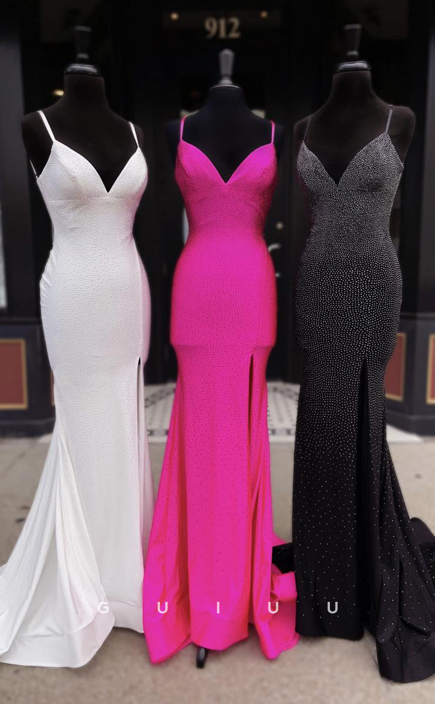 G2869 - Sexy Fitted V-Neck Beaded Straps Long Night Prom Evening Dress