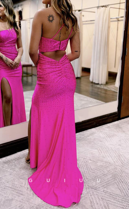 G2872 - Sexy Fitted One Shoulder Beaded Hot Pink Long Prom Evening Dress