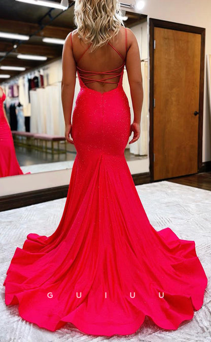 G2877 - Chic & Modern Mermaid V-Neck Simple Red Long Prom Formal Dress