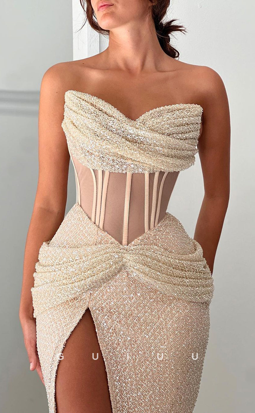 G2881 - Chic & Modern Strapless Sequins Sheer Champagne Long Prom Formal Dress