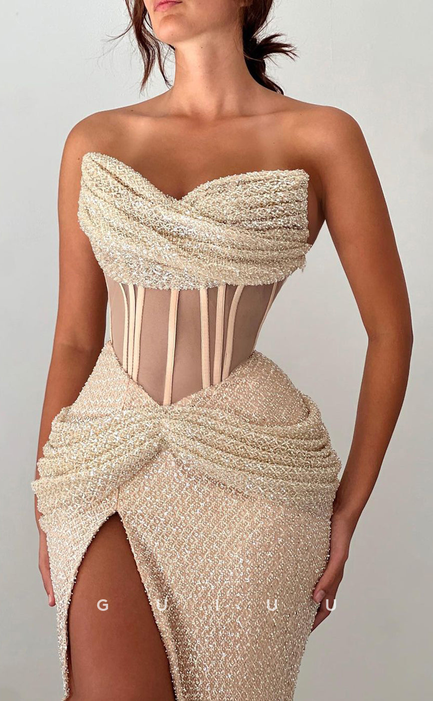 G2881 - Chic & Modern Strapless Sequins Sheer Champagne Long Prom Formal Dress