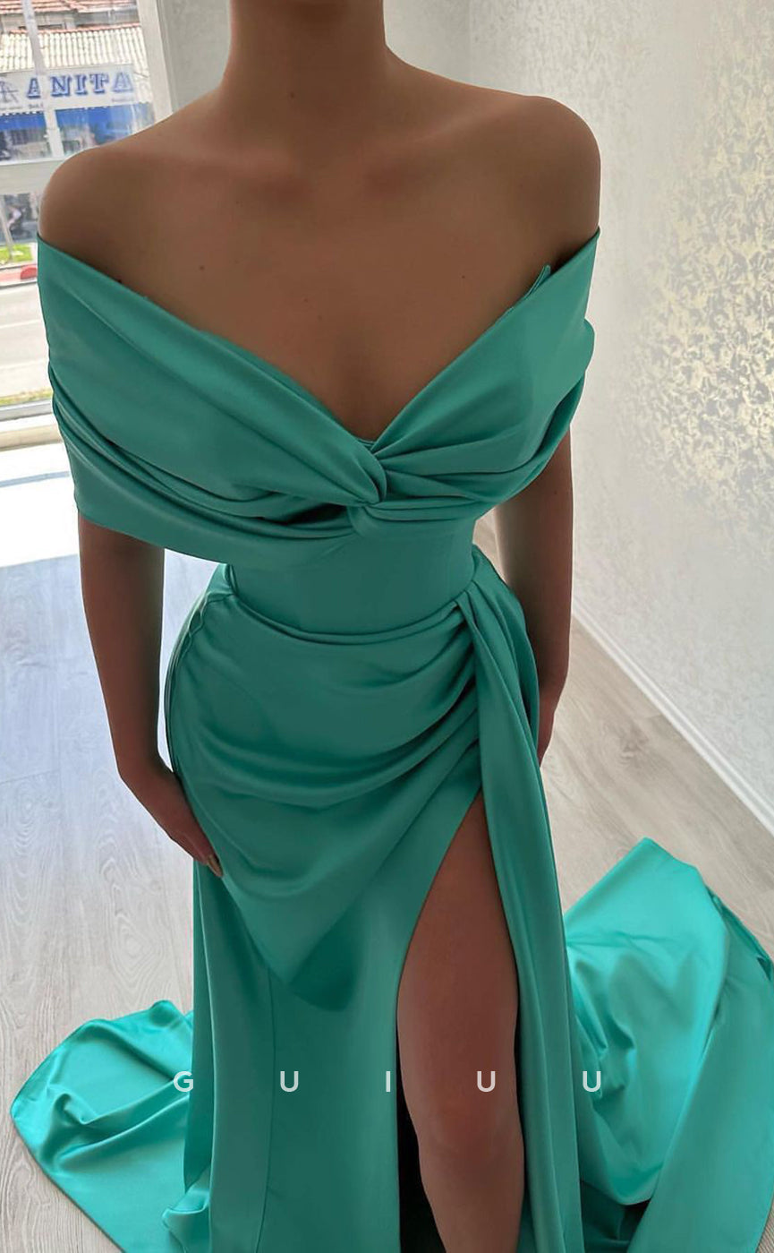 G2885 - Chic & Modern Satin Off-Shoulder Pleats Simple Long Prom Formal Dress