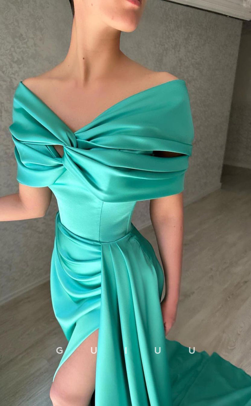 G2885 - Chic & Modern Satin Off-Shoulder Pleats Simple Long Prom Formal Dress