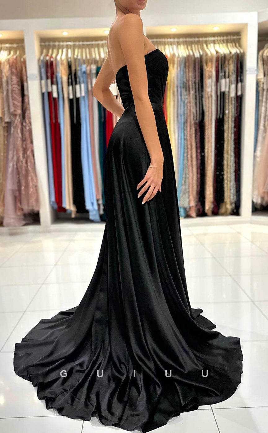 G2891 - Elegant Simple Strapless Pleats Satin Long Black Prom Formal Dress